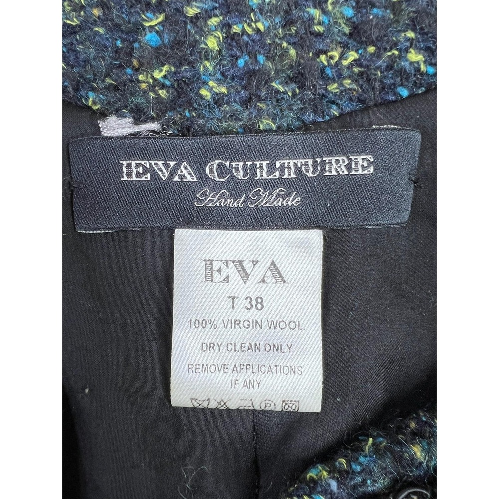 Eva Culture Womens 38 Blue Tweed Wool Zip Front 3/4 Sleeve Fringe Pocket Coat - Picture 5 of 7